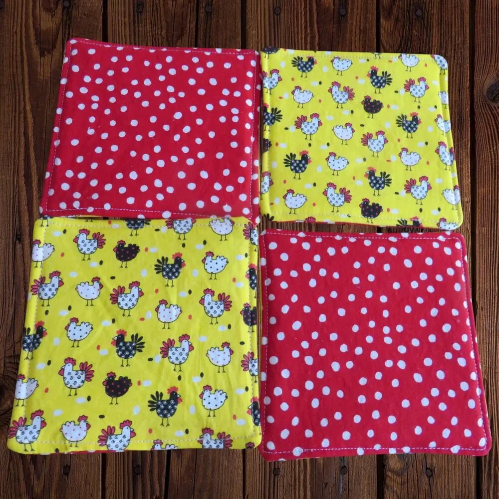 Fabric Coasters, Set Of 4,  Chicken Reversible Red and White Polka Dot Mug Rugs